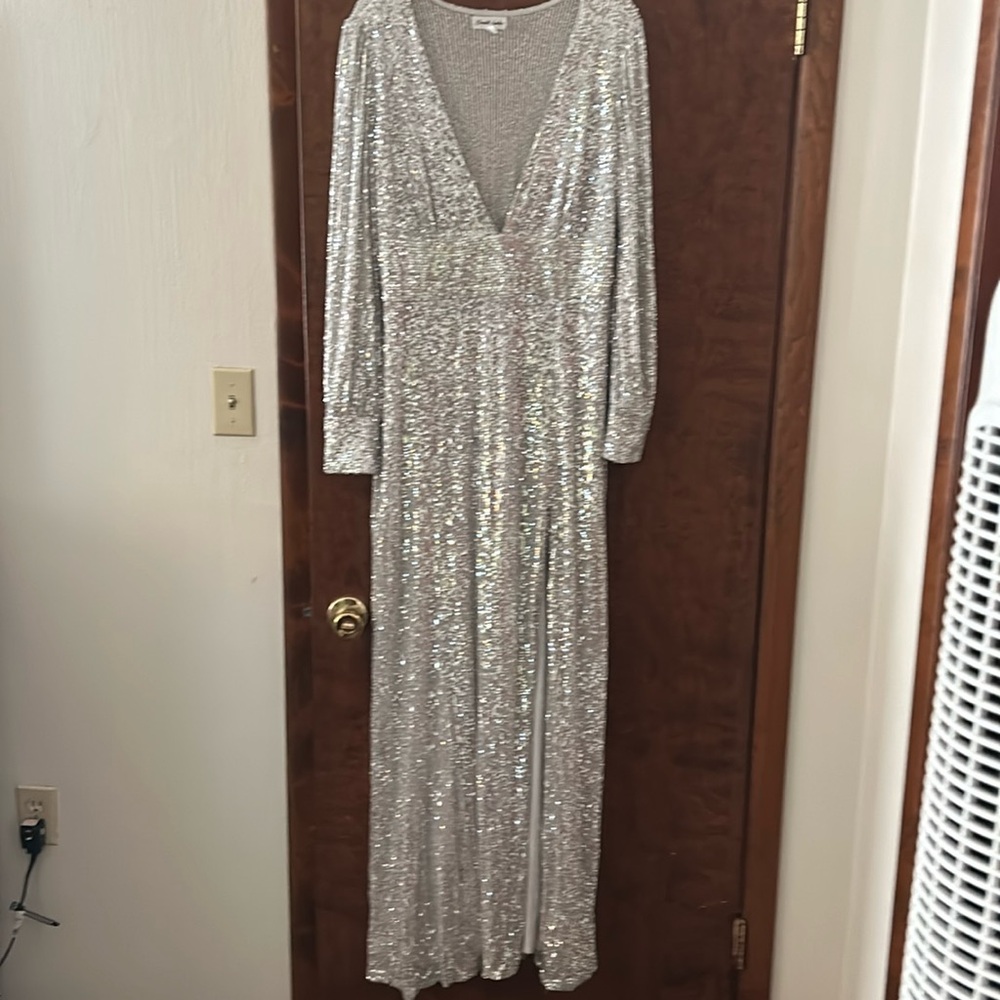 Full length silver sequin gown
